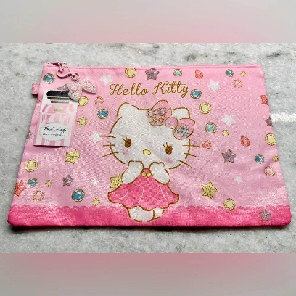 New Large Pink Hello Kitty Makeup Cosmetic Tech Pencil Bag w/ Bow Charm - 13.25”